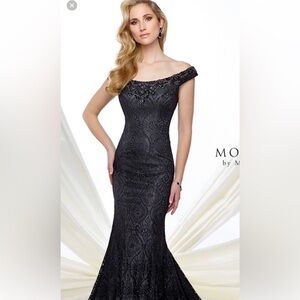 Montage by Mon Cheri 216975 black lace beaded embellished formal off shoulder